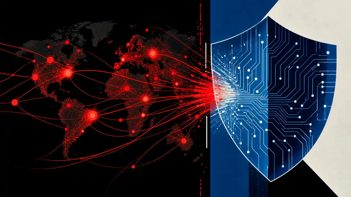 A split-screen digital illustration: on one side a glowing red network of intrusion paths spreading across a world map, on the other a blue shield made of circuit patterns intercepting the same paths, symbolizing offensive and defensive AI in cybersecurity.
