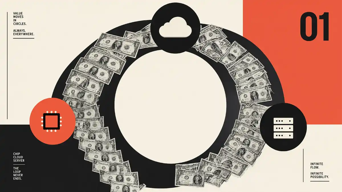 An illustration of dollar bills flowing in a closed circular loop between stylized icons of a chip, a cloud, and a server rack, forming an infinite ouroboros shape.