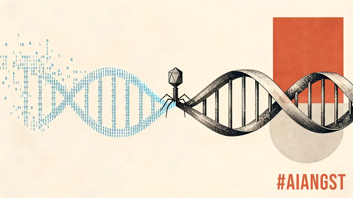 A stylized illustration of a strand of DNA rendered half as glowing digital code and half as an organic double helix, with a small bacteriophage virus icon at the point where the two halves meet.