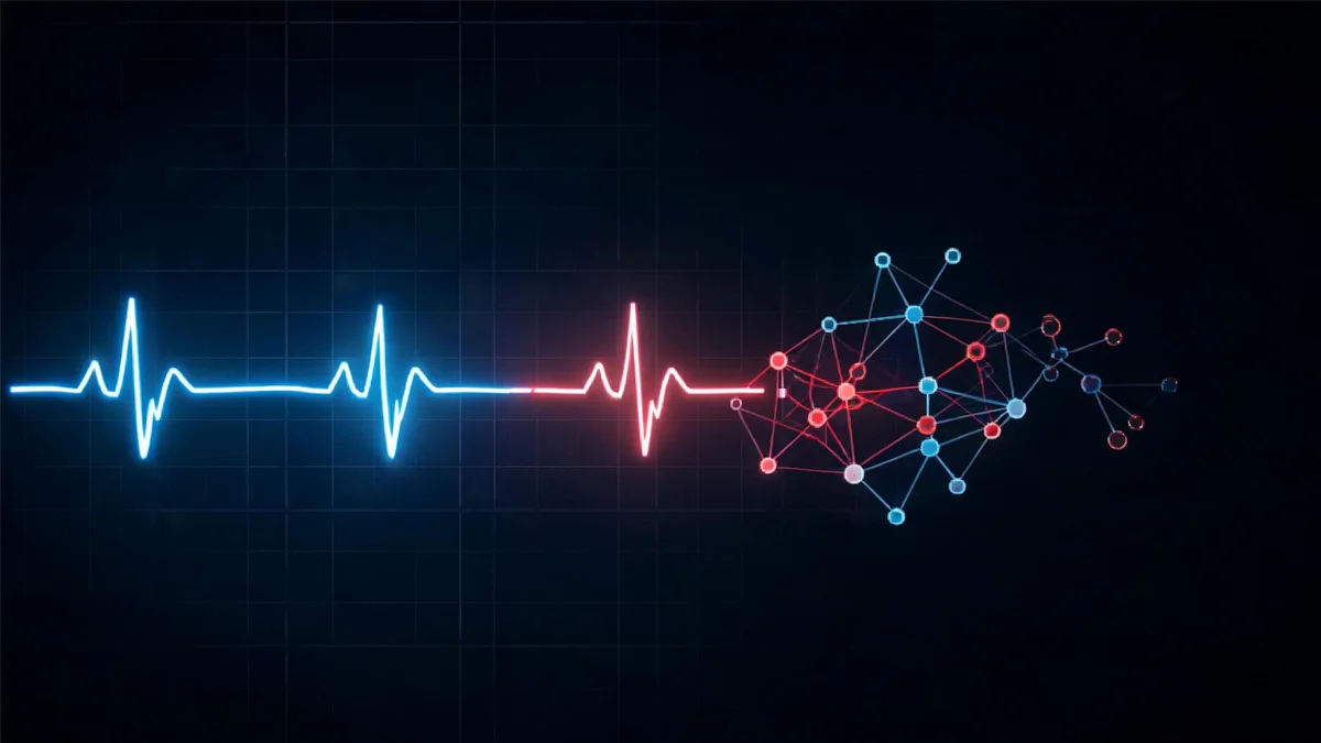 A stylized ECG waveform glowing in soft blue and red light, transitioning partway across the image into a faint network of interconnected nodes, set against a dark clinical background.