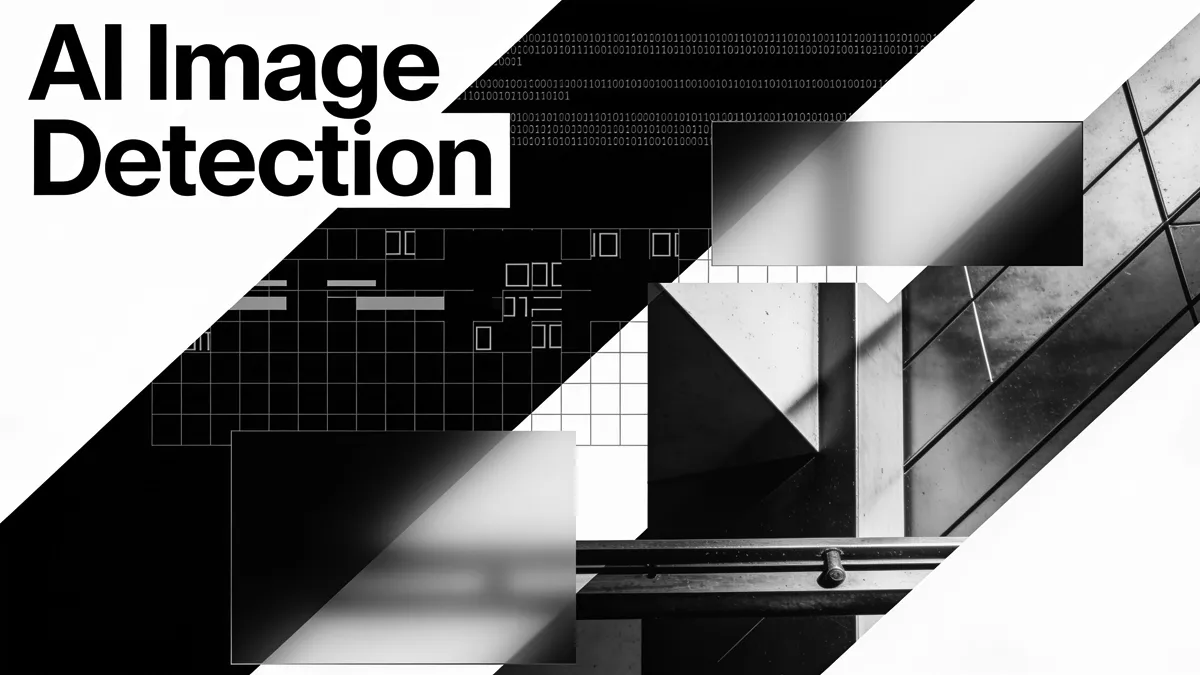 A black and white geometric collage banner featuring the text 'AI Image Detection' alongside grids, binary code, and abstract architectural shapes.