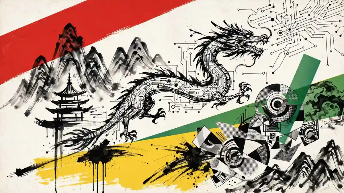 An illustrative collage merging traditional Chinese ink painting with modern digital elements. It features a serpentine dragon transforming from a detailed circuit board pattern into an ink-wash form. To the left are misty mountains and a pagoda rendered in classic black sumi-e style, balanced on the right by futuristic, geometric shapes, data streams, and vibrant green and red abstract brushstrokes.