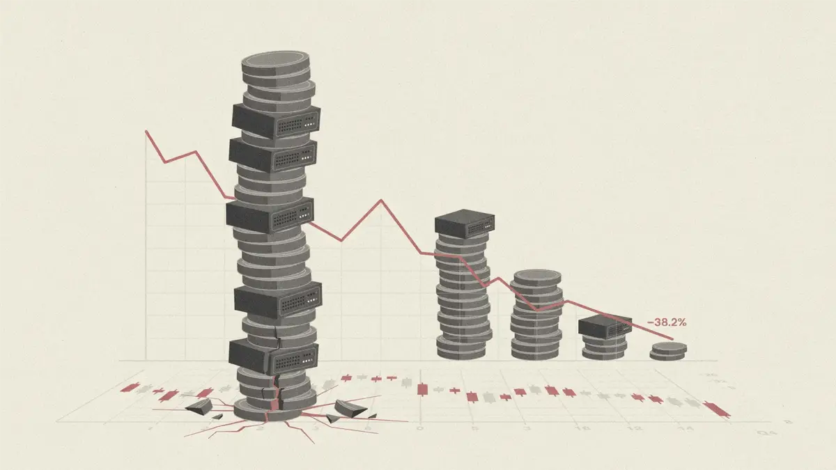 An abstract illustration of a rising tower of server racks and data-centre silhouettes built from stacked coin shapes, cracking at the base, set against a muted financial chart background.