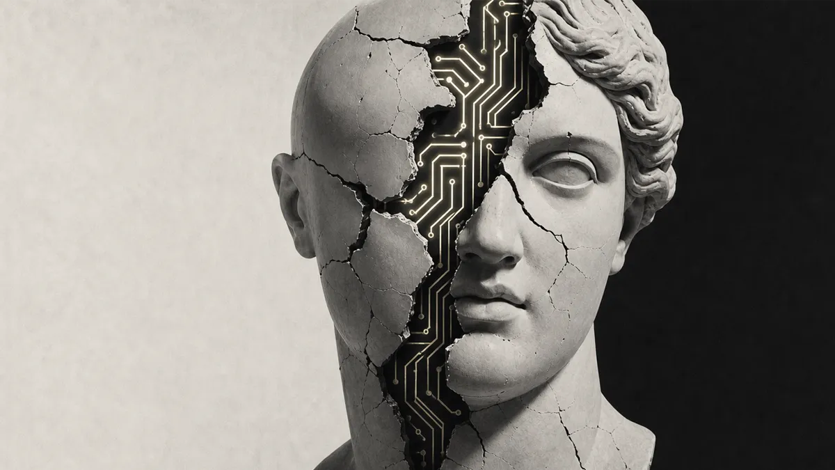 A cracked ceramic bust of a classical head with glowing circuit patterns visible inside the crack, symbolizing the gap between how AI appears and how it actually works.