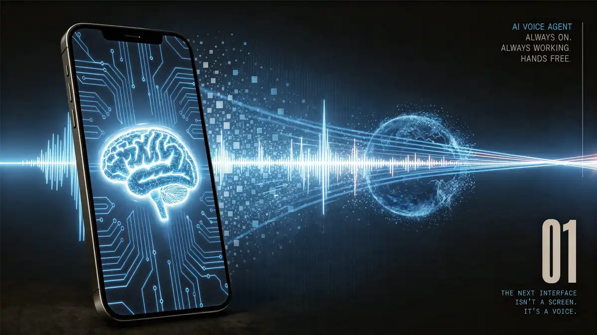 A smartphone stands upright on a dark surface, displaying a glowing blue digital brain and circuit board patterns on its screen. A bright blue audio waveform projects horizontally from the phone, transitioning into a swirling, data-like globe on the right. The upper right corner features the text 'AI VOICE AGENT. ALWAYS ON. ALWAYS WORKING. HANDS FREE.' The bottom right corner displays a large number '01' above the phrase 'THE NEXT INTERFACE ISN’T A SCREEN. IT’S A VOICE.'
