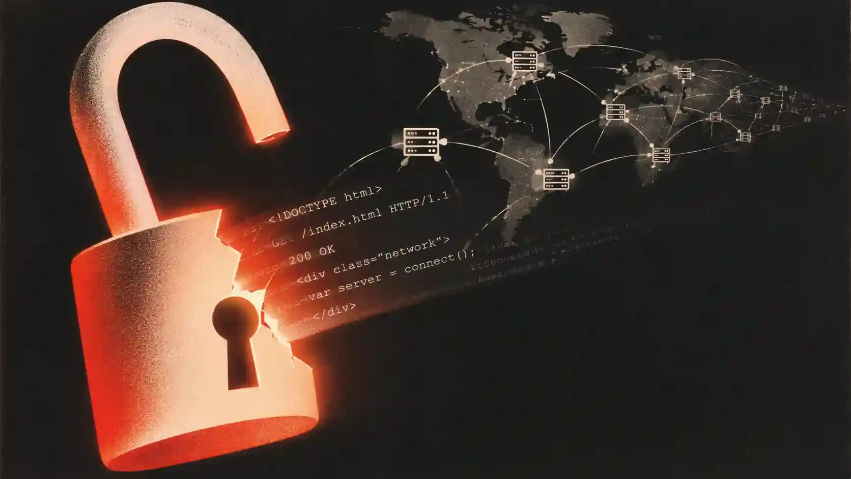 A glowing padlock cracked open on a dark background, with faint lines of code spilling out and a map of the web's interconnected servers fading into the distance behind it.