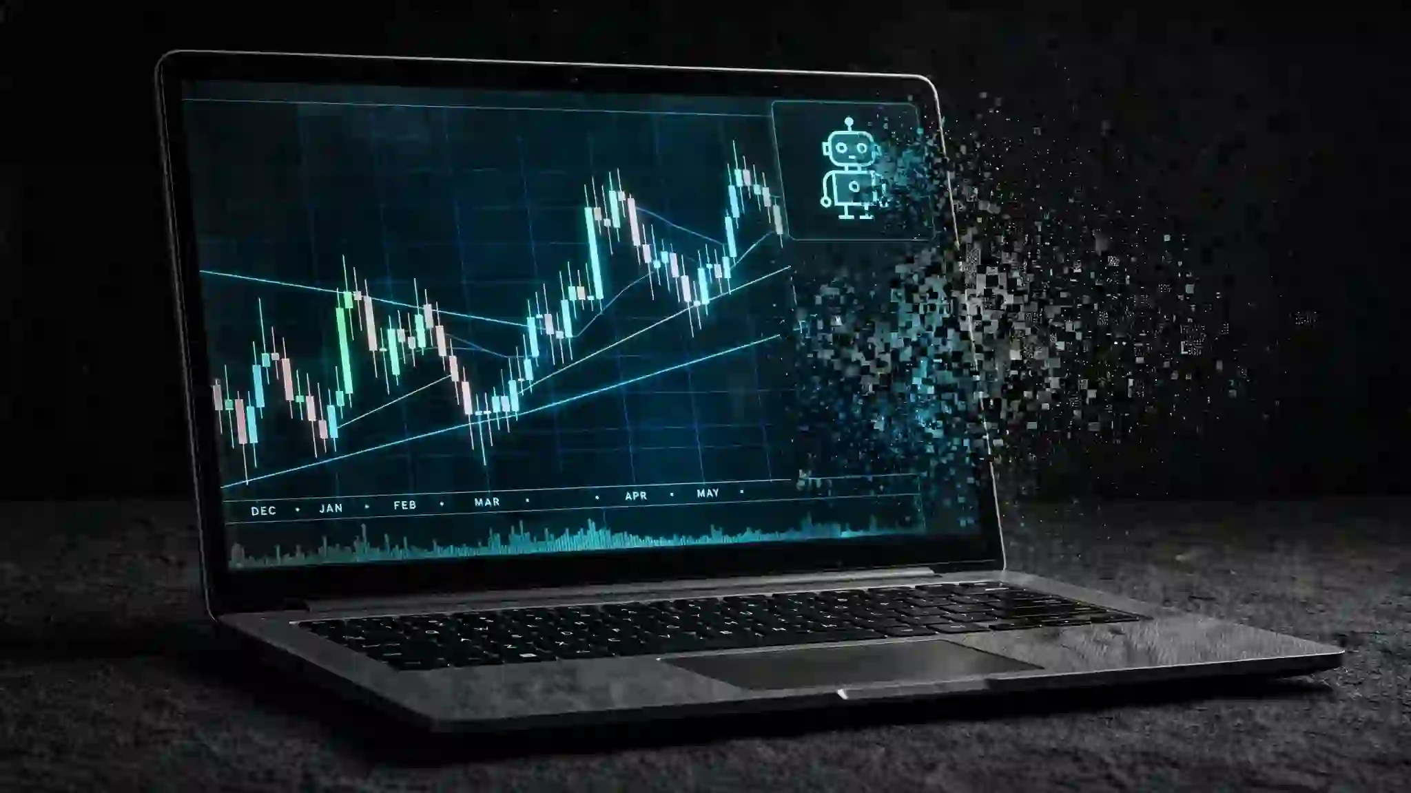 A glowing candlestick trading chart on a laptop screen, with a small robot icon overlaid in one corner, half of it dissolving into static, symbolizing the gap between real and fake AI trading claims.