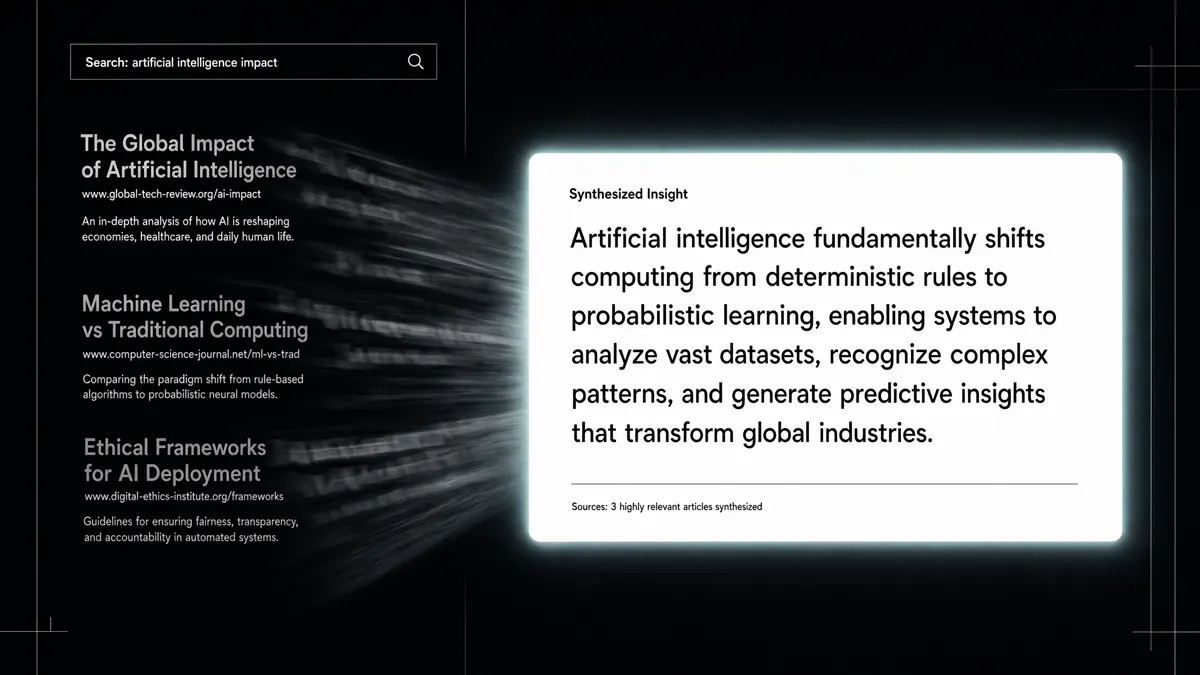 A search results page dissolving into a single glowing AI-generated answer box, with faint, greyed-out website links fading into the background beneath it.