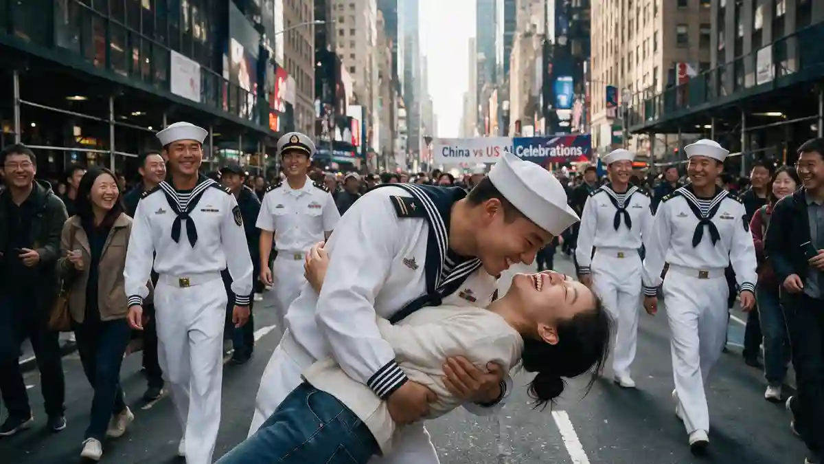 A sailor in a white dress uniform dips and embraces a laughing woman in the middle of a crowded city street lined with tall buildings. Other sailors and pedestrians walk around them, with a banner overhead that reads ‘China vs US AI Celebrations.’