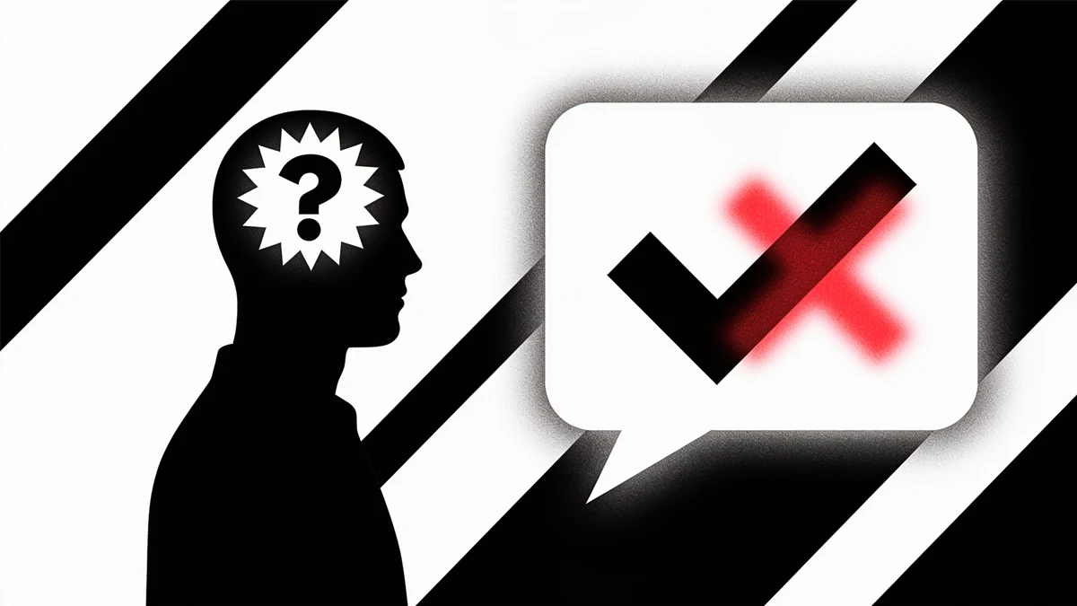 Silhouette of a person's head featuring a question mark inside a jagged starburst, facing a speech bubble that contains a black checkmark overlaying a blurred red cross mark.