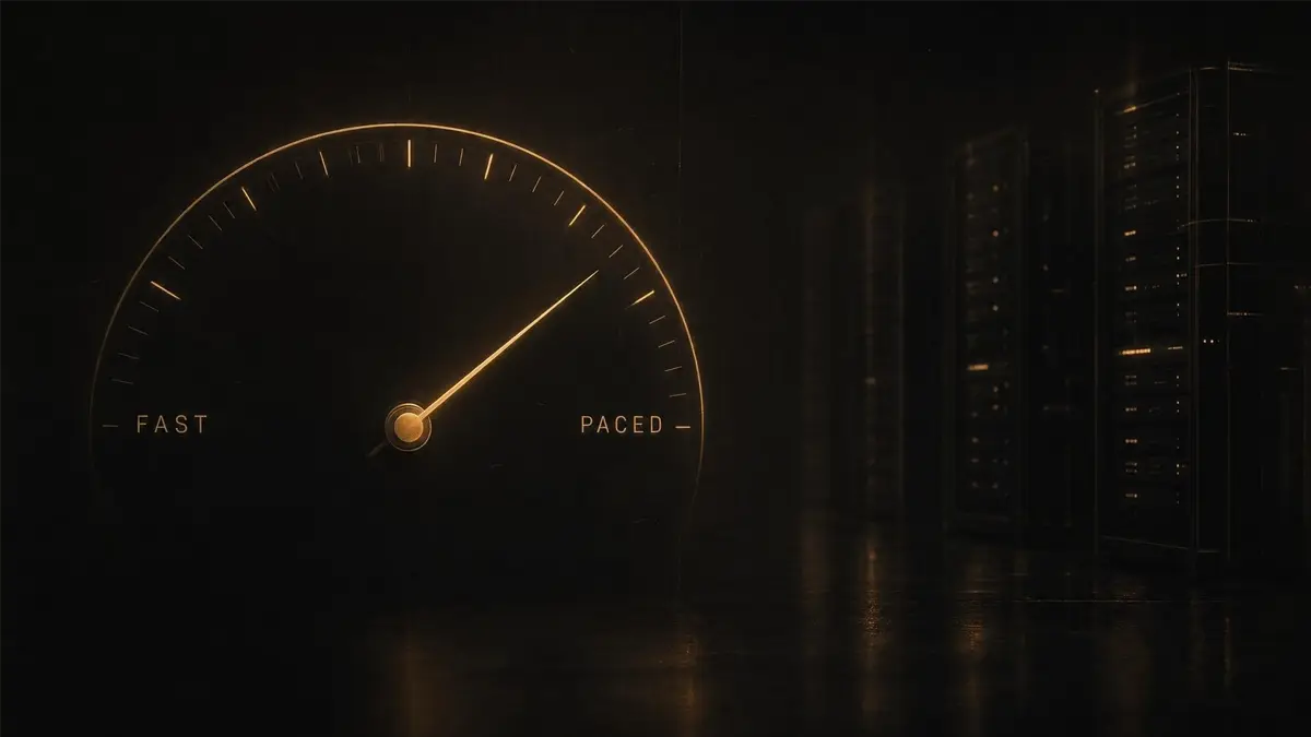 A speedometer-style dial glowing amber, its needle hovering between 'fast' and 'paced,' rendered in a minimalist style against a dark background with faint server-rack silhouettes.