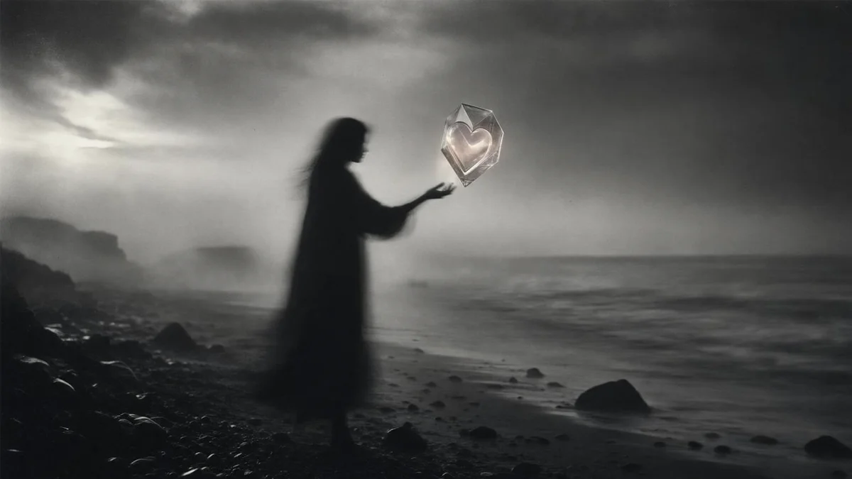 A blurry, silhouetted figure of a person standing on a rocky, foggy beach at dusk, reaching out toward a glowing, crystal heart floating in the air.