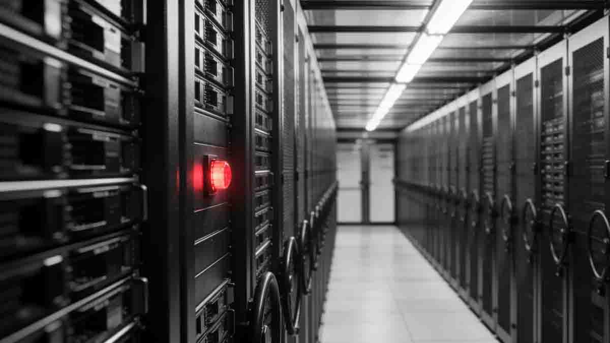 A striking, high-contrast black and white photograph of endless rows of server racks in a hyperscale data center, with a single red warning light glowing in the darkness.