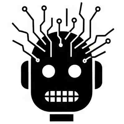A black and white AI ANGST avatar shows a robot's head with a distressed, grimacing expression and sharp, square teeth.