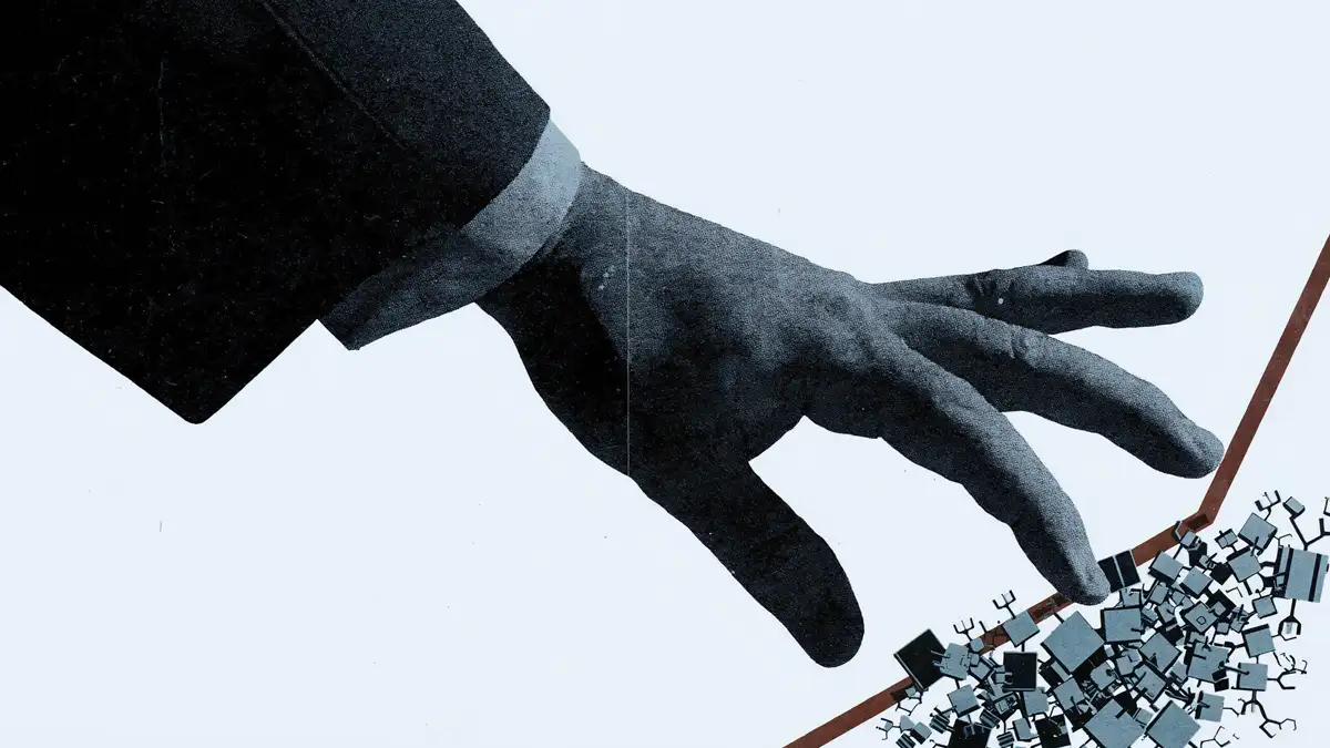 A collage illustration featuring a large, textured black-and-white cutout of a person's hand wearing a suit jacket sleeve. The hand is reaching downward toward the bottom right corner, hovering over a jagged brown line that separates the white background from a pile of small, stylized square and rectangular electronic components or microchips.