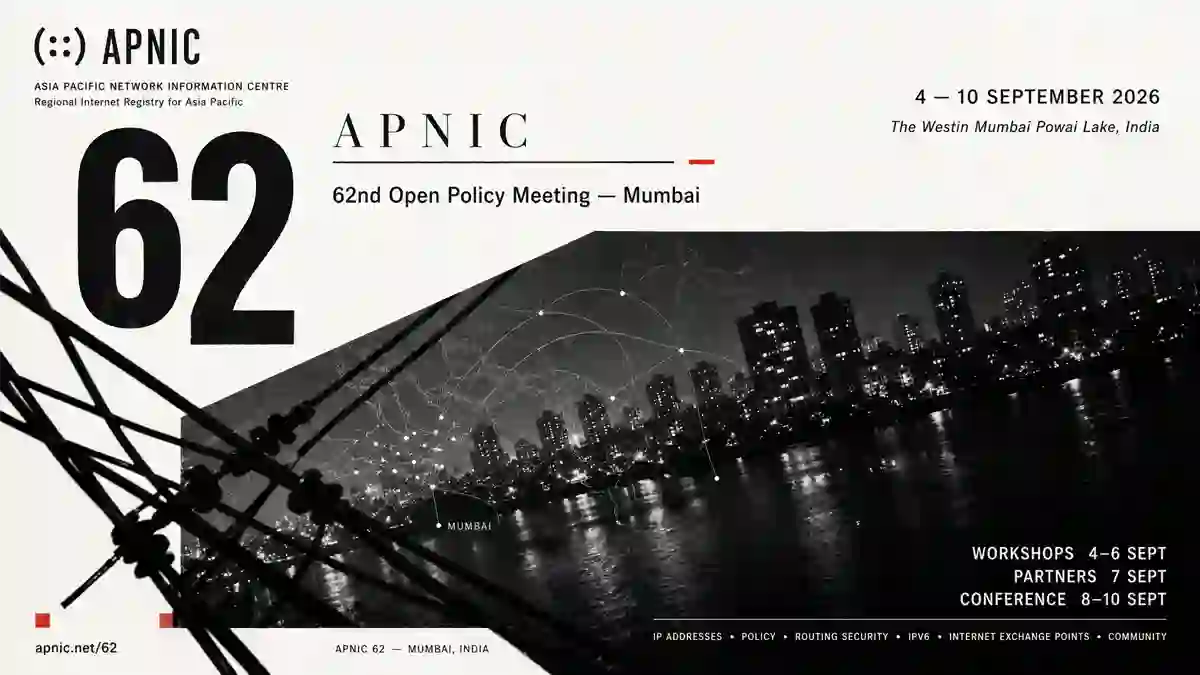 Promotional banner for APNIC 62 62nd Open Policy Meeting held in Mumbai, India from September 4–10, 2026, featuring a night cityscape overlaid with a network map overlay.