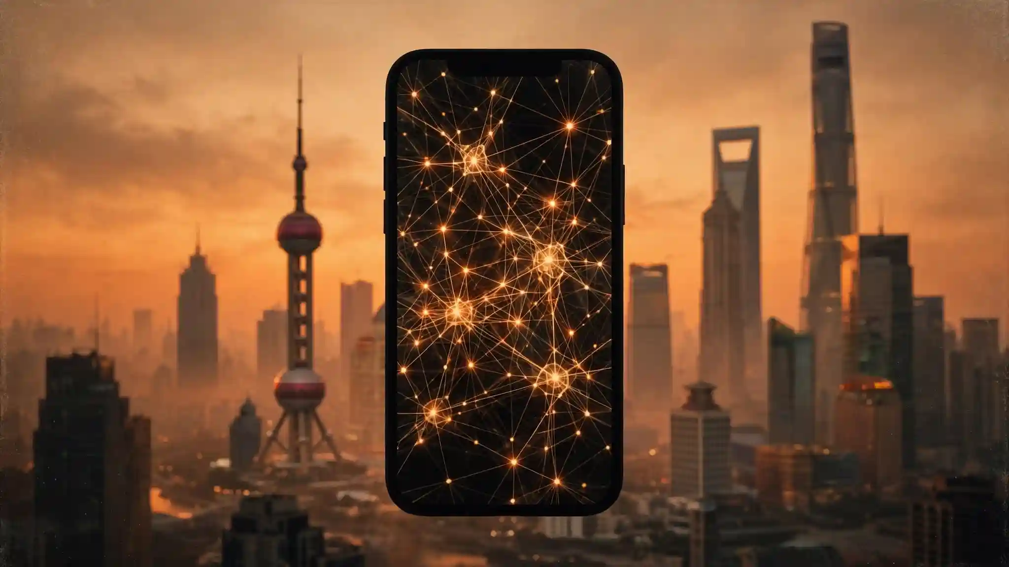 An Apple-style minimalist smartphone silhouette with a glowing neural network pattern inside its screen, set against a backdrop of Shanghai skyscrapers rendered in soft orange dusk light.