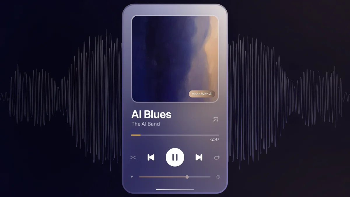 An Apple Music-style now-playing screen with a small 'Made With AI' badge in the corner of the album artwork, rendered in soft glassy gradients, with faint audio waveform lines pulsing behind it.