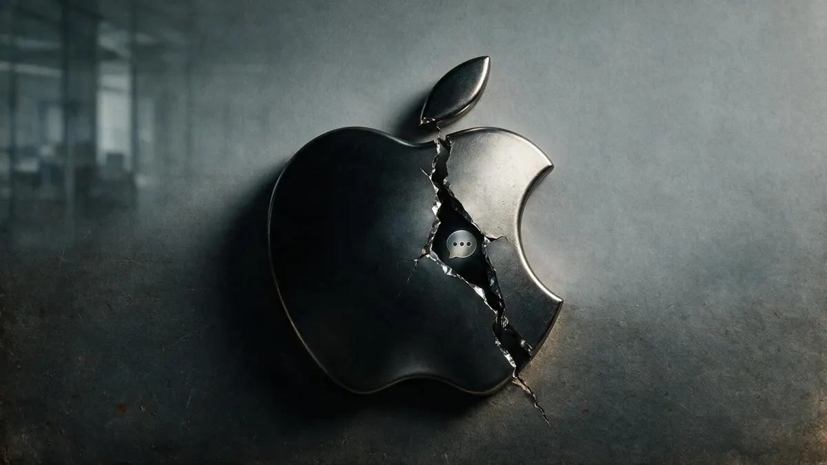 A cracked Apple logo rendered in dark metal, half in shadow, with a faint reflection of a chat-bubble icon visible in the crack, symbolizing the broken partnership between Apple and OpenAI.