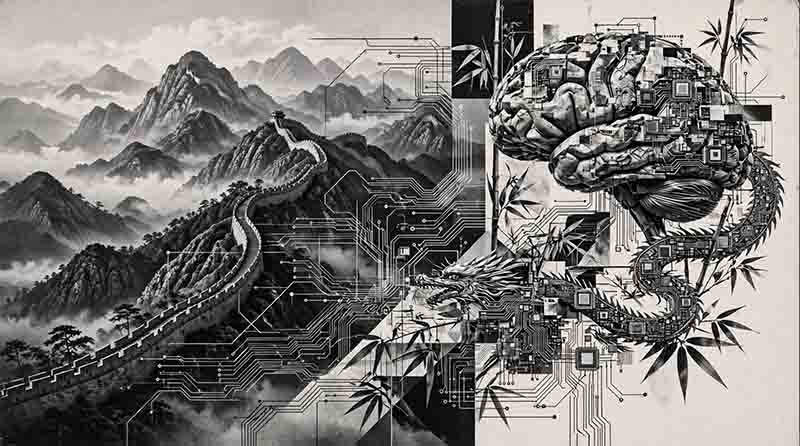 A black-and-white artwork blending traditional Chinese motifs and technology. The left side features a misty landscape of mountains and the Great Wall of China, which seamlessly transitions via circuit board lines into a futuristic human brain, a mechanical dragon, and bamboo stalks on the right.