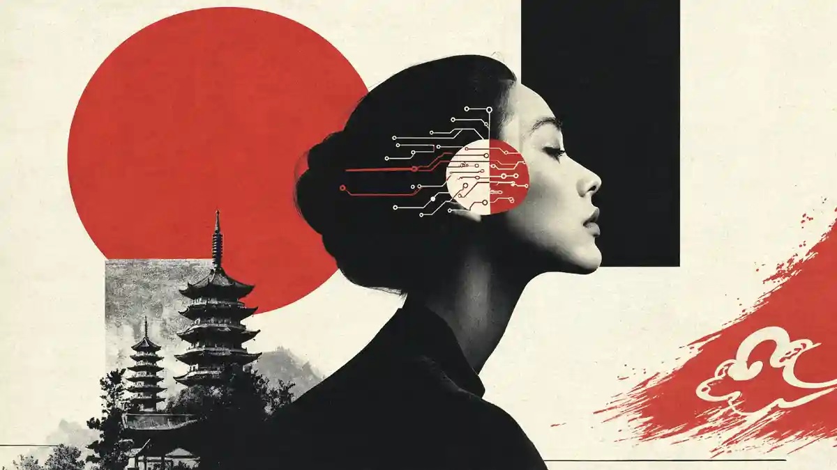 A minimalist graphic art piece blending traditional Chinese imagery with AI technology, featuring the side profile of a woman with a circuit board pattern on her head, set against a large red sun, a pagoda, and abstract black shapes.