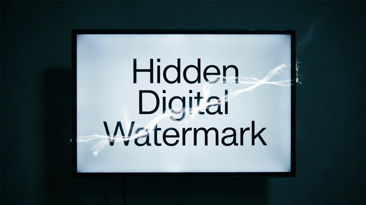 A monitor displaying the words 'Hidden Digital Watermark' in a bold sans-serif font against a bright white background, overlaid with a faint, wispy smoke or energy pattern.