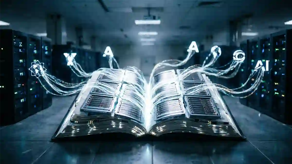 A vast, glowing archive of stacked server racks shaped like an open book, with faint strands of light flowing out of it into logos representing several AI companies, set against a dim data-center background.