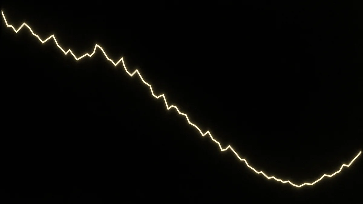A minimalist line chart glowing on a dark background, sloping steeply downward and then curving slightly back upward near the right edge, styled like a stock ticker display.