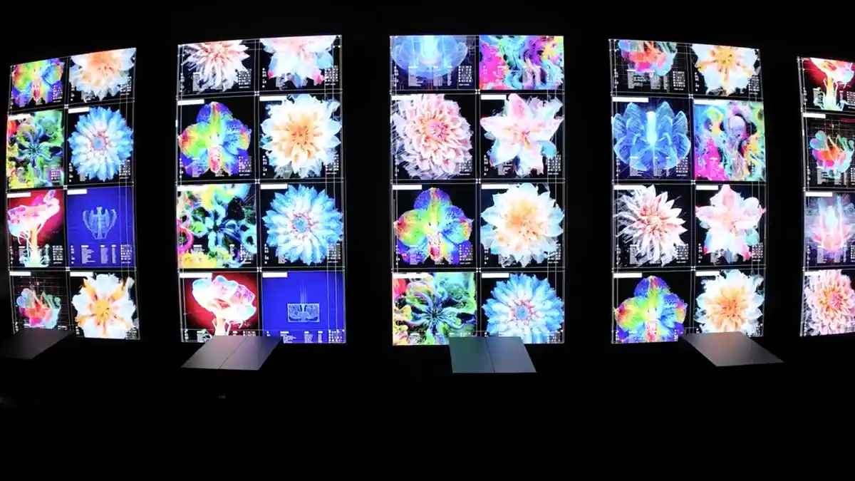 A digital art installation in a dark room featuring five large, vertical display screens. Each screen is divided into a grid showing highly detailed, vibrantly colored digital illustrations of flowers with technical data overlays.