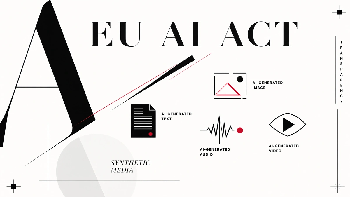 Graphic about the EU AI Act highlighting synthetic media transparency with icons for AI-generated text, image, audio, and video.