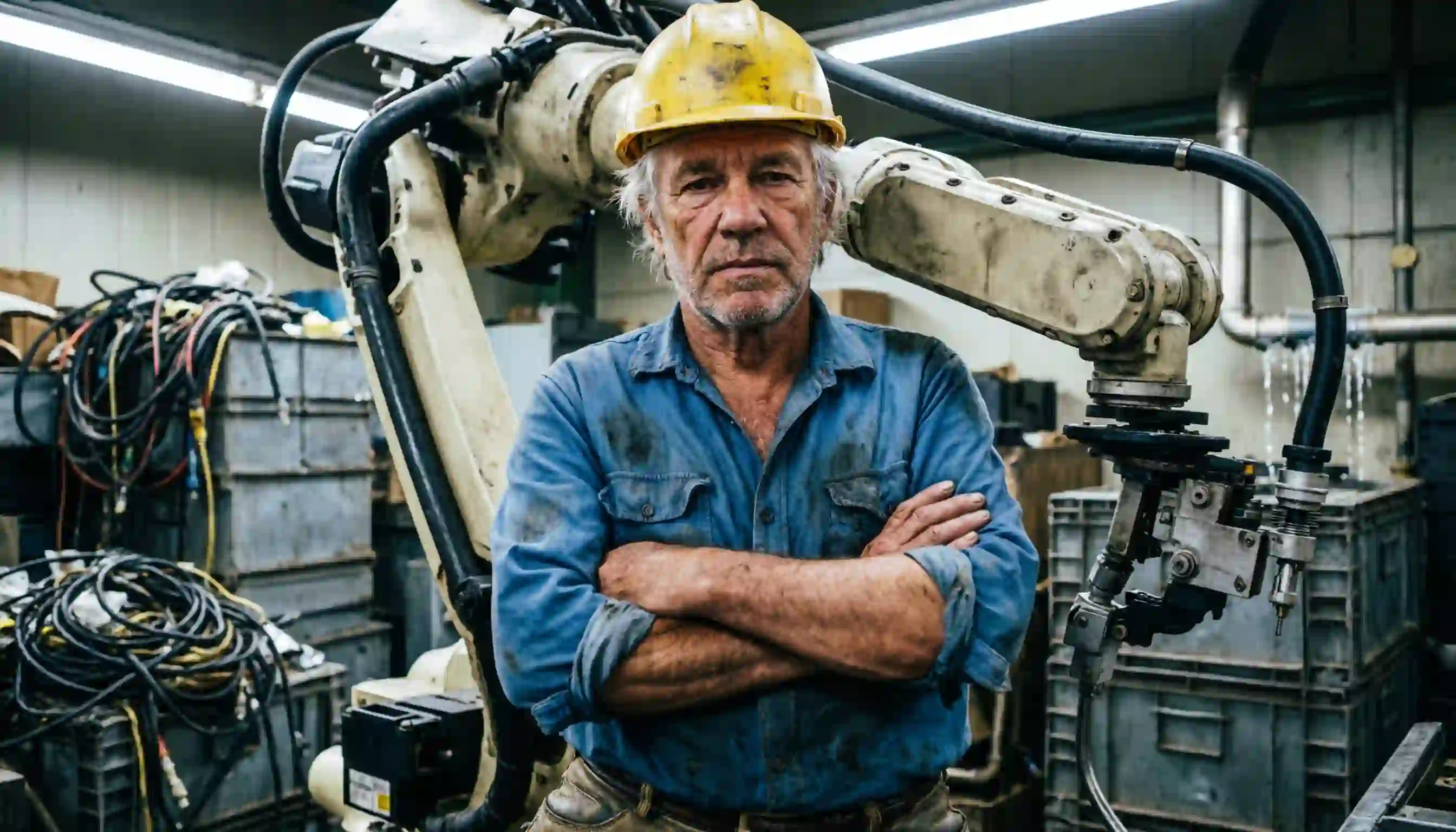 An older male Ford worker wearing a yellow hard hat and a dirt-streaked blue button-down shirt stands with his arms crossed, looking directly at the camera with a serious expression. He is positioned in front of a large, weathered industrial robotic AI arm inside a cluttered workshop or factory setting.