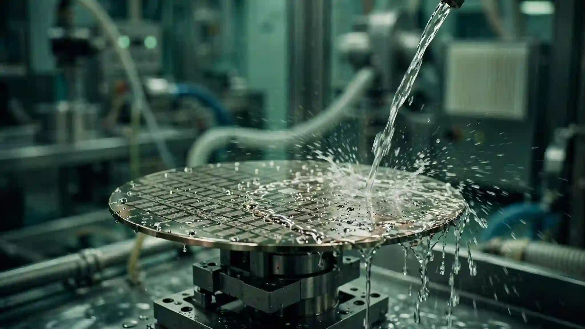 A silicon wafer being rinsed by a thin stream of clear chemical fluid inside a sleek industrial cleanroom facility, with a faint Fujifilm-green tint to the lighting and blurred production equipment in the background.