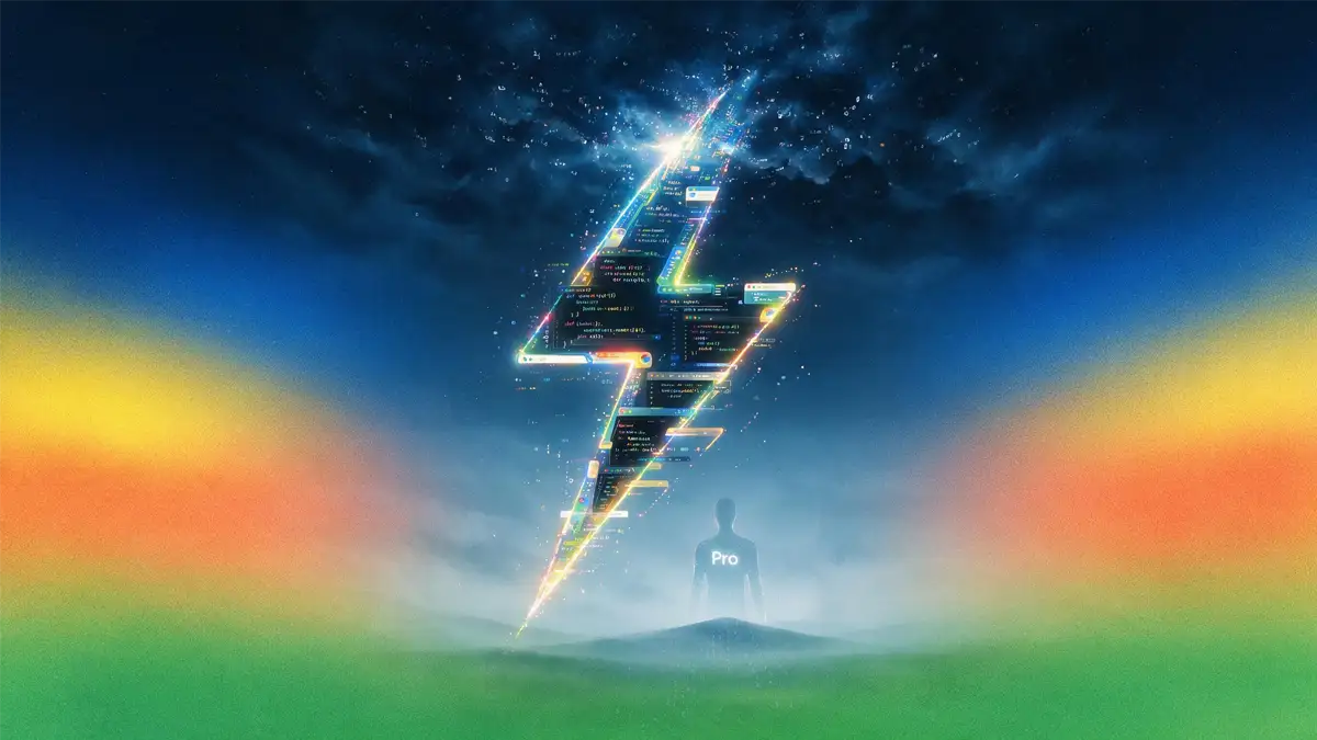 A stylized lightning bolt made of glowing code fragments and terminal windows, striking downward against a Google-colored gradient background, with a faint empty silhouette labeled 'Pro' fading in the distance behind it.