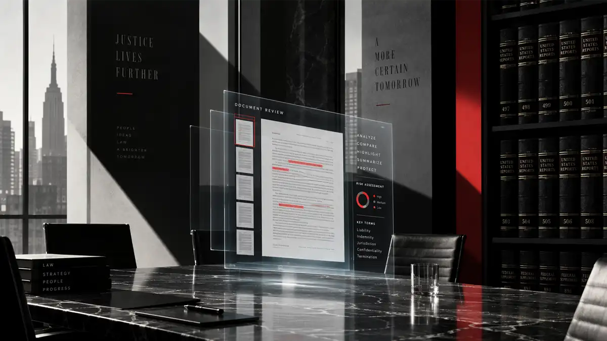 A modern law office conference room with a glowing holographic document review interface floating above a table, surrounded by rows of leather-bound legal volumes rendered half in shadow.