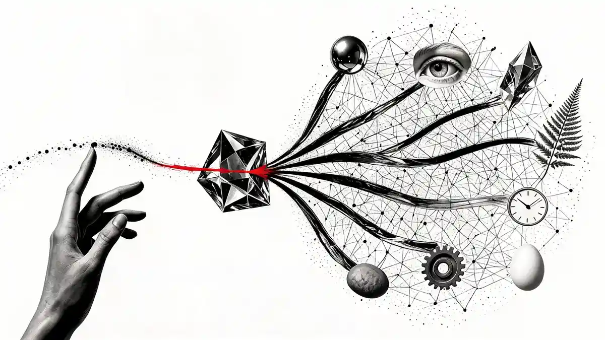 An elegant, surreal digital collage in black, white, and a single splash of red, set against a clean white background, symbolizing Thinking Machines Lab.
