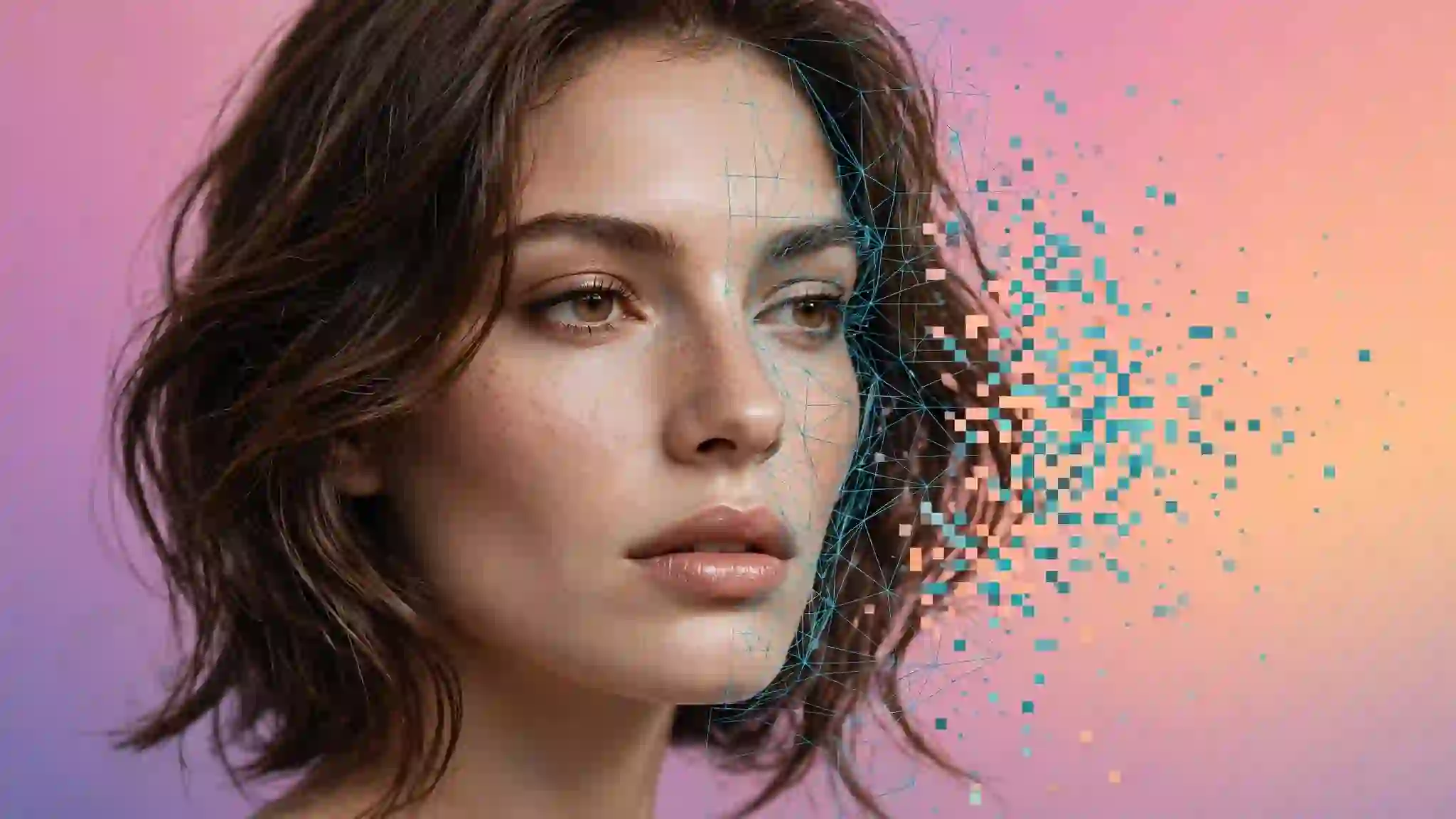 A glossy, hyper-realistic digital portrait of a woman's face subtly dissolving into pixel grid and wireframe lines on one side, set against a soft Instagram-gradient background.