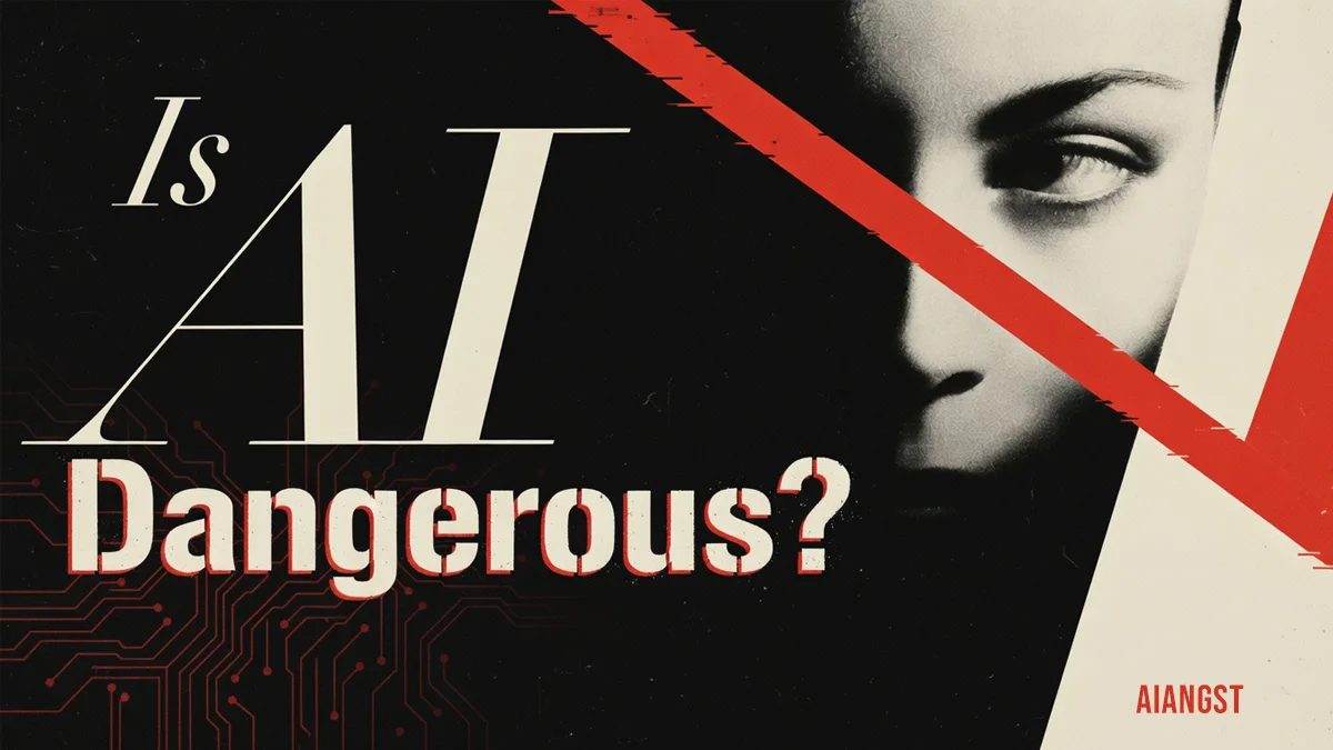 Is AI Dangerous? typography graphics overlaying a stylized face in shadow with red geometric accents and circuit board line art.