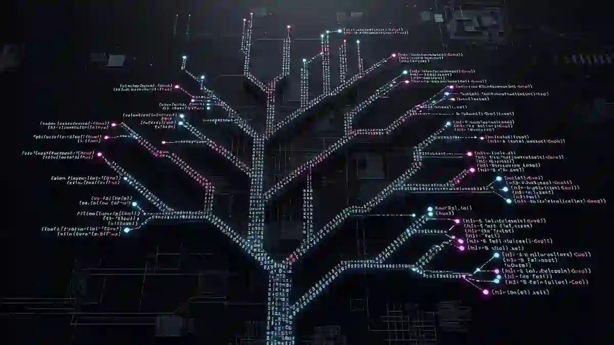 A stylized decision tree rendered as glowing typed branches and probability scores, with no visible text or letters, set against a dark technical background evoking software rather than conversation.
