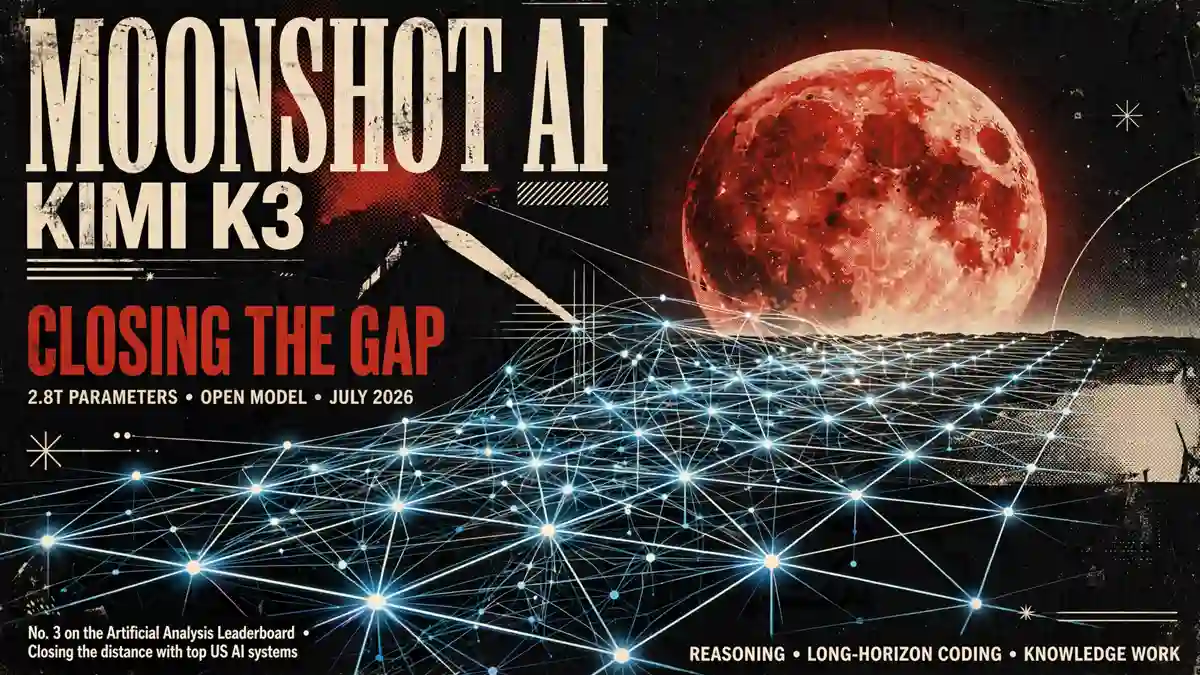 A stylized red moon rising behind a glowing neural network grid, symbolizing Moonshot AI's Kimi K3 model closing the gap with top American AI systems.