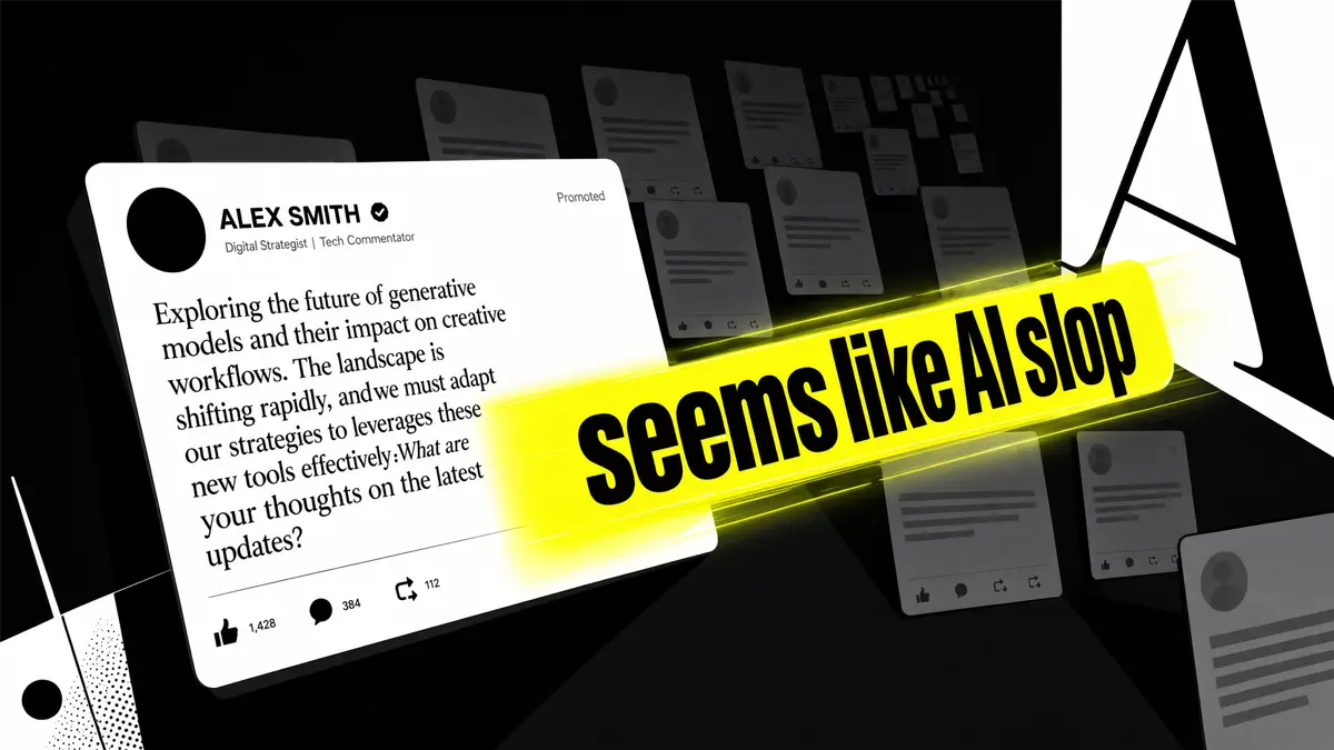 A LinkedIn-style post card with a glowing warning ribbon reading 'seems like AI slop' stamped diagonally across it, set against a feed of identical grey post cards fading into the background.