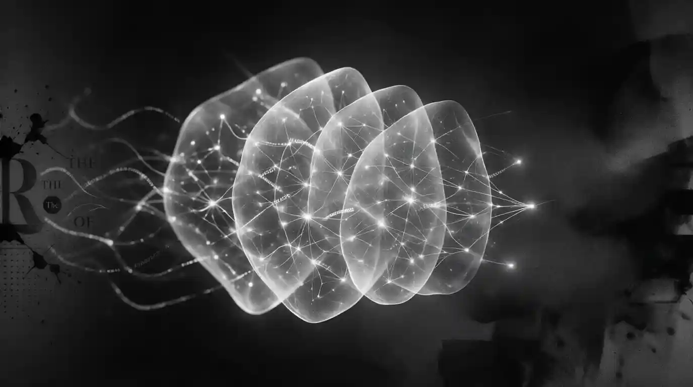 A glowing neural network rendered as interlocking translucent layers, with strands of text flowing through it and resolving into readable words on the far side, set against a dark background.