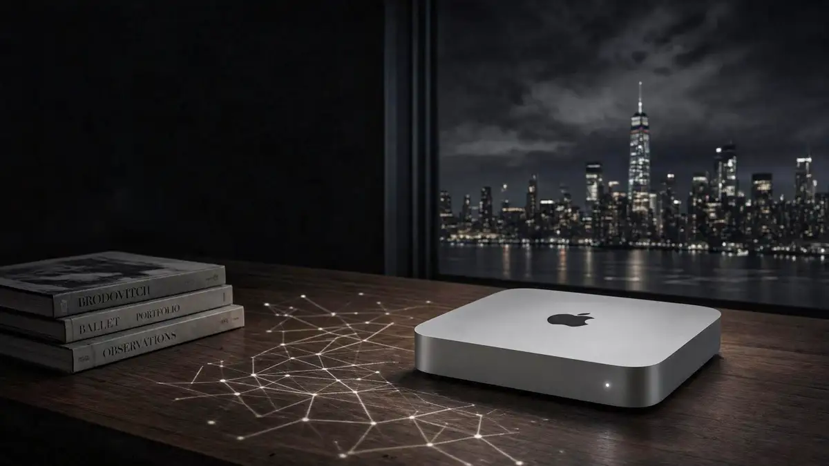 A small silver Mac mini sitting on a wooden desk at night, its single status light glowing, with a faint abstract network pattern reflected on the surface beside it.