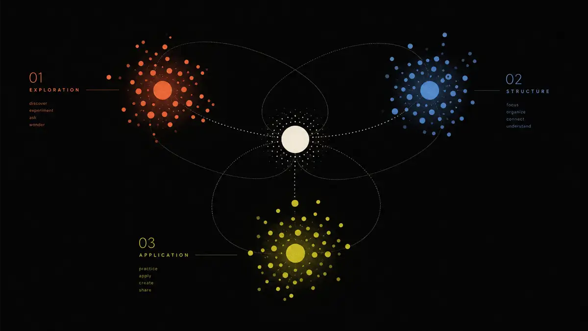 Three interconnected clusters of glowing dots in different colors, arranged around a central node, with faint pathways looping between them against a dark background, suggesting different modes of learning.