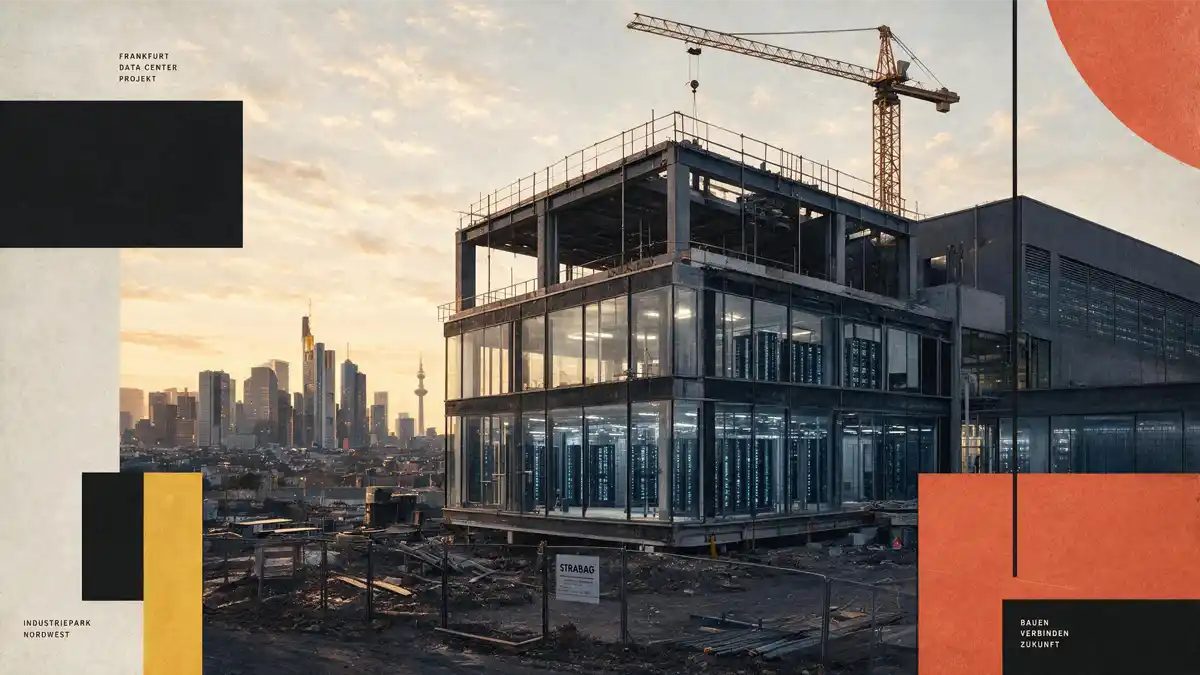 A modern data center building under construction in a quiet German industrial suburb at dusk, with rows of server racks glowing faintly through large windows and the Frankfurt skyline visible in the distant background.