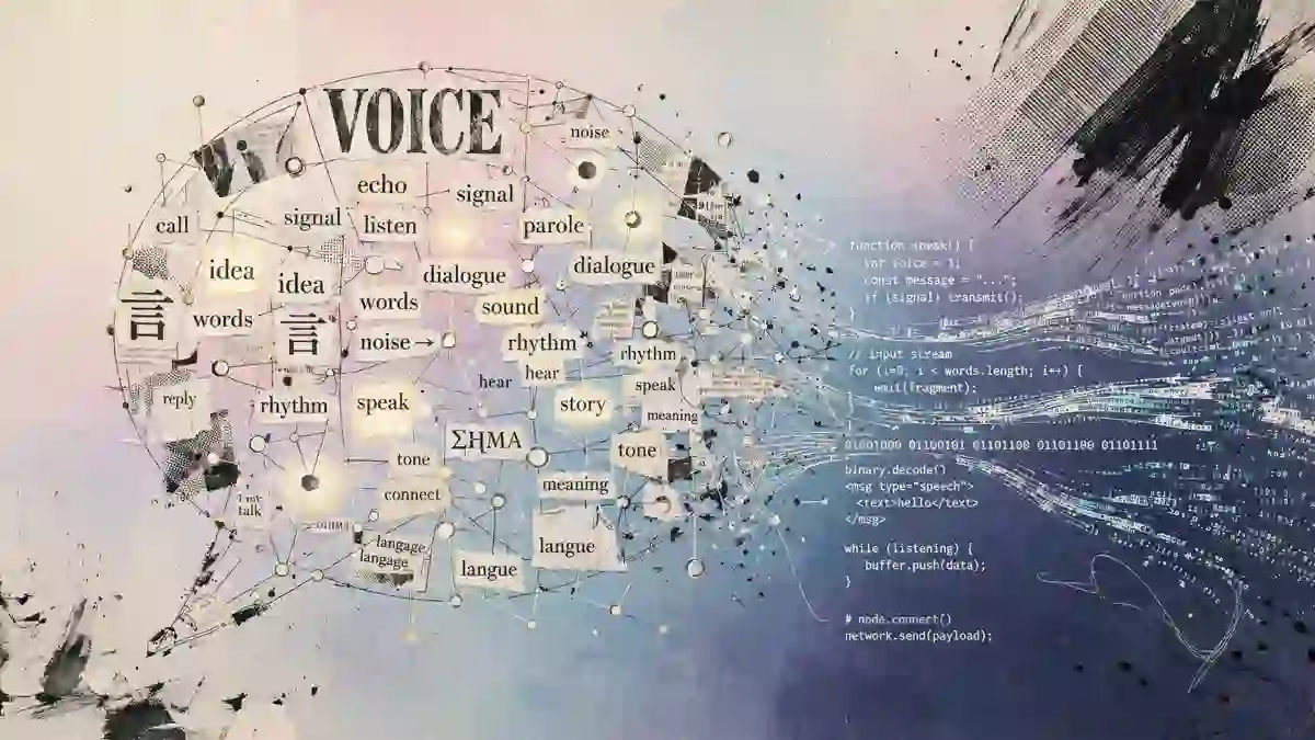 A stylized illustration of a speech bubble made of glowing text fragments and connecting nodes, dissolving into strings of code on one side, set against a soft gradient background.