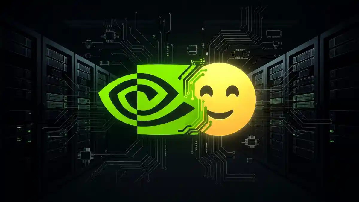 Nvidia's green geometric logo mark merging into Hugging Face's yellow emoji-style logo at the center of the frame, set against a dark server-rack background with faint circuit-board lines.