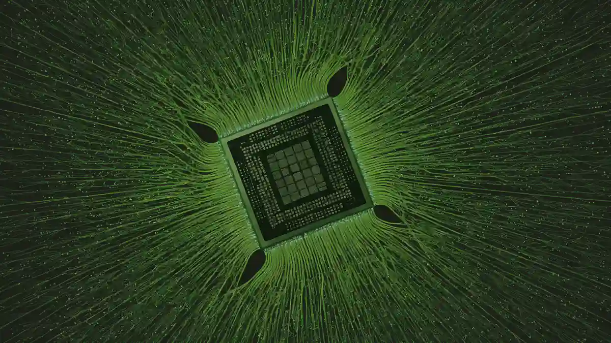 A glowing green Nvidia-style chip silhouette with a neural network of a thousand billion tiny nodes radiating outward from it against a dark background.