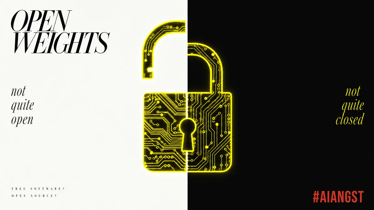A padlock rendered as a glowing circuit board, half open and half closed, symbolizing the partial openness of open-weight AI models compared to fully open-source software.