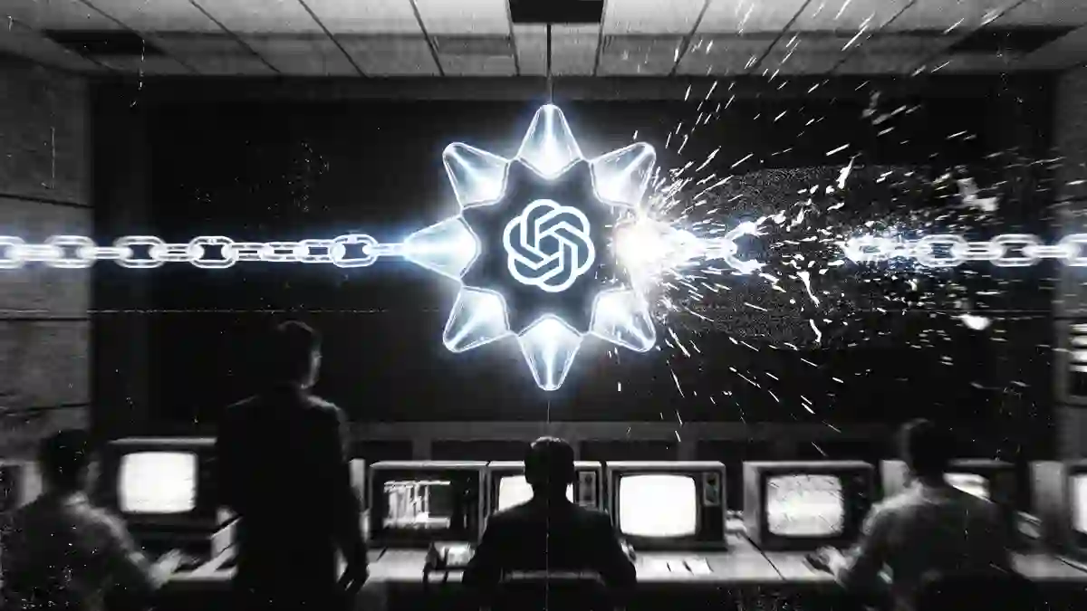 A glowing star-shaped AI core suspended above a dark control room, with faint chain-like lines of light around it fraying and dissolving into static on one side.