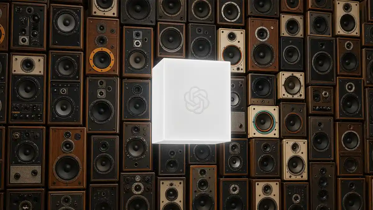 Openai's hardware speaker in a glowing, minimalist white cube featuring the OpenAI logo faintly etched on its front face floats in the center. The cube is set against a dense, wall-to-wall background composed of numerous vintage and modern wooden speaker cabinets of various sizes, shapes, and designs.